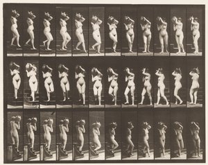 Płyta 147. Schody schodzące; Obracanie słoika z wodą na prawym ramieniu, 1872-1885 autorstwa Eadweard Muybridge