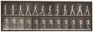 Płyta 28. Chodzenie, niosąc 50-funtowy dzwonek w prawej ręce, 1872-1885 autorstwa Eadweard Muybridge