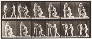 Talerz 452. Dwa modele, 8 klęczących, napoje ze słoika z wodą w dłoniach, 1872-1885 autorstwa Eadweard Muybridge
