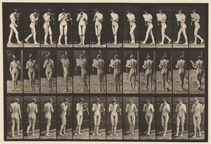 Płyta 46. Chodzenie, flirtowanie z wachlarzem i obracanie się autorstwa Eadweard Muybridge