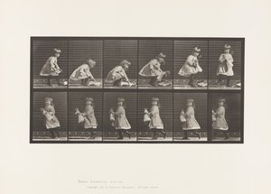 Tabliczka 481. Dziecko, podnoszące lalkę, odwracające się i odchodzące, 1885 autorstwa Eadweard Muybridge