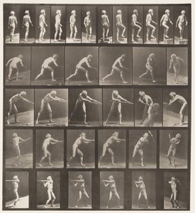 Płyta 521. A, Chodzenie; B, krok wstępujący; C, Dysk do rzucania autorstwa Eadweard Muybridge