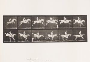 Płyta 643. Przeskakiwanie przez płotki; Oklep; Rozliczenie i lądowanie; autorstwa Eadweard Muybridge
