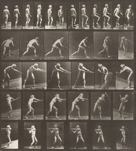 Numer płyty 521. A: Chodzenie. B: Wchodzenie o stopień. C: Rzucanie dyskiem. D: Za pomocą łopaty. E, F: Używanie kilofa autorstwa Eadweard Muybridge