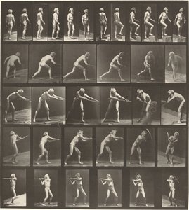 Numer płyty 521. A: Chodzenie. B: Krok wstępujący. C. Dysk do rzucania. D: Za pomocą łopaty. E, F. Korzystanie z pick autorstwa Eadweard Muybridge