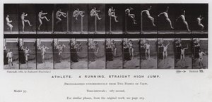 Postać ludzka w ruchu: sportowiec, bieg, prosty skok wzwyż (zdjęcie czarno-białe) autorstwa Eadweard Muybridge