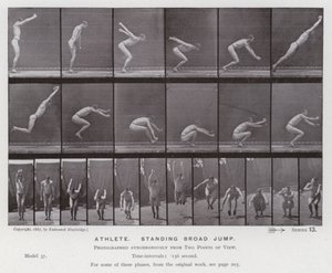 Postać ludzka w ruchu: sportowiec, skok w dal z pozycji stojącej (zdjęcie czarno-białe) autorstwa Eadweard Muybridge