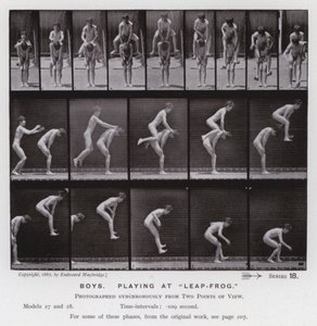 Postać ludzka w ruchu: chłopcy, bawiący się w „Leap-Frog” (zdjęcie czarno-białe) autorstwa Eadweard Muybridge
