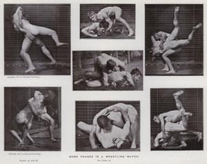 Postać ludzka w ruchu: niektóre fazy meczu zapaśniczego (zdjęcie czarno-białe) autorstwa Eadweard Muybridge