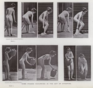 Postać ludzka w ruchu: niektóre fazy zachodzące podczas pochylania się autorstwa Eadweard Muybridge