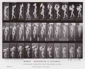 Postać ludzka w ruchu: kobieta schodząca po schodach (zdjęcie czarno-białe) autorstwa Eadweard Muybridge