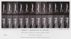 Postać ludzka w ruchu: kobieta schodząca w dół pochyłości (zdjęcie czarno-białe) autorstwa Eadweard Muybridge