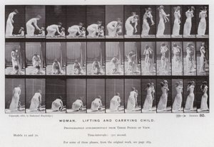 Postać ludzka w ruchu: kobieta, podnoszenie i noszenie dziecka (zdjęcie czarno-białe) autorstwa Eadweard Muybridge