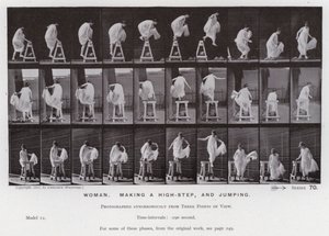 Postać ludzka w ruchu: Kobieta, wykonująca wysoki krok i skacząca (zdjęcie czarno-białe) autorstwa Eadweard Muybridge
