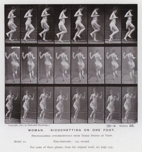 Postać ludzka w ruchu: kobieta, rykoszetująca na jednej nodze (zdjęcie czarno-białe) autorstwa Eadweard Muybridge