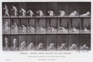 Postać ludzka w ruchu: kobieta wstająca z siedzenia na ziemi (zdjęcie czarno-białe) autorstwa Eadweard Muybridge