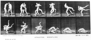 Zapasy dwóch mężczyzn, z filmu „Lokomotywa zwierząt”, 1887 r. autorstwa Eadweard Muybridge