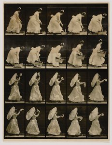 Kobieta podnosząca kosz, machająca chusteczką, z książki Animal Locomotion autorstwa Eadweard Muybridge