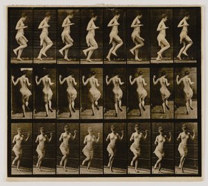 Kobieta rykoszetująca na jednej nodze, z książki Animal Locomotion autorstwa Eadweard Muybridge