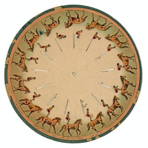 dysk zoopraksyskopu przedstawiający akrobatę wykonującego salto w grzbiecie konia, 1893 autorstwa Eadweard Muybridge