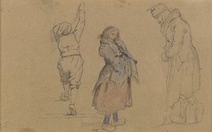 Trzy figury holenderskie, ok.1852 (grafit, wc i biała kreda na brązowym papierze) autorstwa Eastman Johnson