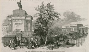 Wielka statua Wellingtona i łuk, jak by wyglądał z Green Park, Piccadilly autorstwa Ebenezer Landells