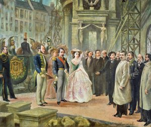 Baron Georges-Eugene Haussmann (1809-91) Napoleon III (1808-73) i Cesarzowa Eugenia (1826-1920) Z wizytą u robotników w operze autorstwa Ed. Gilis