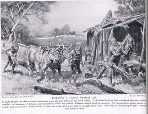 Budowa plemiennej zagrody, ilustracja z „Historii narodów Hutchinsona”, ok. 1910 r.