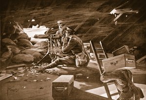 Kapral Windell rozbija atak wroga ogniem swojego karabinu maszynowego z dachu domu w pobliżu Neuve Chapelle