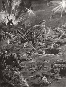 Porucznik Benjamin Geary spieszący pod ciężkim ostrzałem artyleryjskim do rowu po prawej stronie wzgórza 60, aby skontaktować się z oficerem, Ypres, Belgia, kwiecień 1915