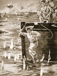 Midshipman Malleson skaczący z liną z barki, aby połączyć inną dryfującą barkę