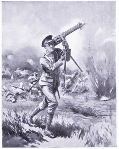 Szeregowy Lynn niosący karabin maszynowy do naprawy pod ciężkim ostrzałem w bitwie pod Aisne. Odznaczony DCM 1915 autorstwa Edgar Alfred Holloway