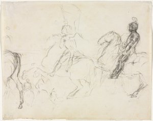 Scena bitwy z postaciami w zbroi na koniu prosto. Dwie siedzące kobiety wers, 1856-1860. autorstwa Edgar Degas