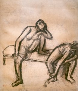 Tancerze w spoczynku. Około 1900. Węgiel na klejach papierowych na tekturze. autorstwa Edgar Degas