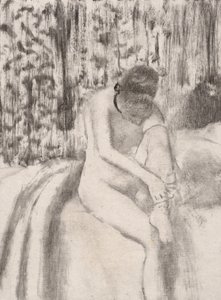 Dziewczyna zakładająca pończochy, 1876-77. autorstwa Edgar Degas