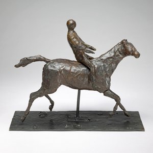 Koń z dżokejem, galopujący koń, odwrócenie głowy w prawo, stopy nie dotykające ziemi... autorstwa Edgar Degas