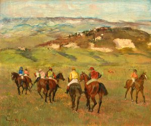 Dżokeje na koniu przed odległymi wzgórzami, 1884 autorstwa Edgar Degas