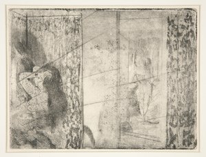Loges d’Actrices (garderoby aktorek), ok. 1875 (akwaforta i akwatinta) autorstwa Edgar Degas