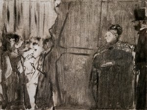 Spotkaj się za kulisami Ludivic Halevy i Madame Cardinal. Około 1876-1877. Monotyp ma czarny tusz. autorstwa Edgar Degas