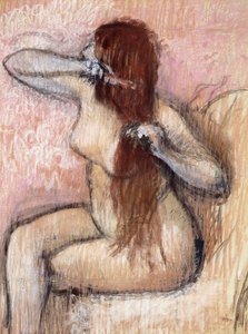 Nude siedząca kobieta układanie włosów; Femme nu assise, se coiffant, ok. 1887-1890