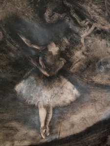 Master of Ballet (detal) (wykonany we współpracy z Ludoviciem Lepicem). 1876. Monotypia w czarnym tuszu z białymi kredowymi refleksami autorstwa Edgar Degas