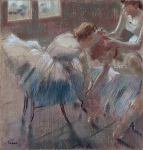 Trzech tancerzy przygotowuje się do zajęć, ok. 1880 (pastel na płowożółtym papierze plecionym) autorstwa Edgar Degas