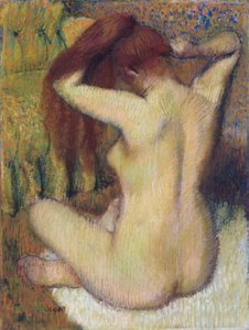 Kobieta czesząca włosy, ok. 1888-90 (pastel na jasnozielonym papierze plecionym przymocowanym do uchwytu)