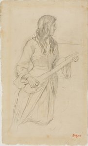 Młoda kobieta grająca na mandolinie, studium do portretu młodej kobiety. Fiocre w balecie „La Source” autorstwa Edgar Degas