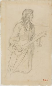 Młoda kobieta grająca na mandolinie, studium do portretu Mlle. Fiocre w balecie "La Source" autorstwa Edgar Degas