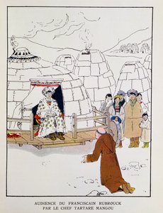 Wilhelm Rubruck (ok. 1200-1256) przed tatarskim wodzem Mangu w 1251 r., z obrazu "A la Conquete du Monde Paien" autorstwa Georges