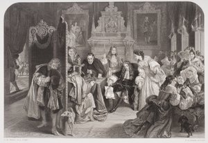 Jakub II (1633-1701) odbiera wiadomość o wylądowaniu księcia Orange, ryty przez F.A. Heatha autorstwa Edgar Melville Ward