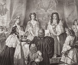 Korona ofiarowana Williamowi i Marii przez Lords and Commons w Whitehall, 12 lutego 1689, z „Illustrations of English and Scottish History” Tom II