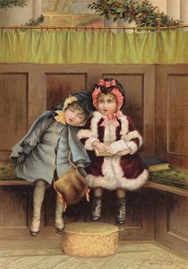 Dwie dziewczyny w kościele w świąteczny poranek (chromolitho) autorstwa Edith S. Berkeley