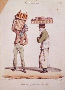 Karykatura dwóch rozmawiających młodych handlarzy, nr kat. 72 z serii „Moeurs Parisiennes”, sztychowana przez Langlume